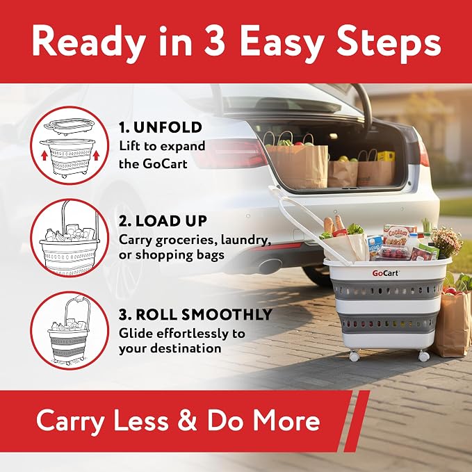 dbest Products Gocart Foldable Shopping Cart with Wheels - Collapsible Grocery Cart with Handles for Easy Storage - As Seen on Shark Tank - Portable Rolling Cart - 33" Height - Lightweight Design