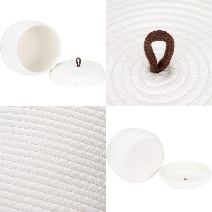 Sea Team Round Woven Cotton Rope Storage Basket with Lid, White, 2-Pack | Lidded Knitted Decorative Storage Bin, Pot, Caddy, Organizer, Container for Snacks, Towels, Plants, 10 x 7.5 Inches