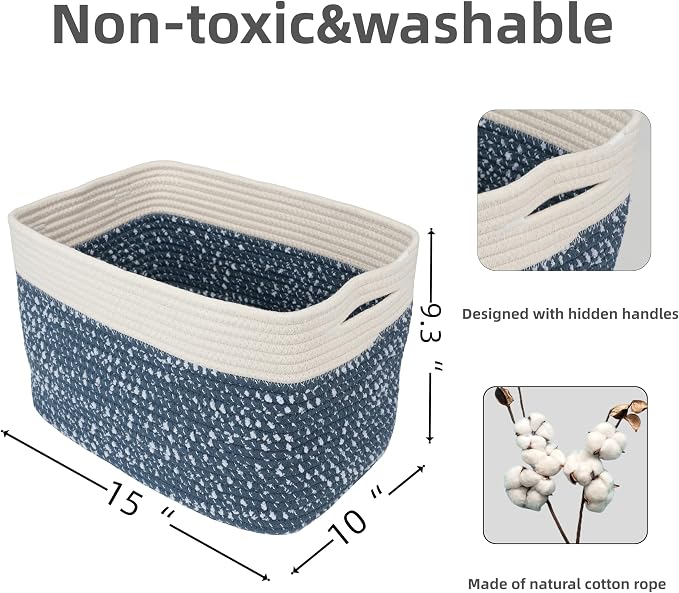 XUANGUO Woven Cotton Rope Storage Baskets 15x10x9.3" 3 Pack White and Blue | Decorative rectangular storage baskets for shelves and closets; storage bins organize clothes, toys, books and nursery items.