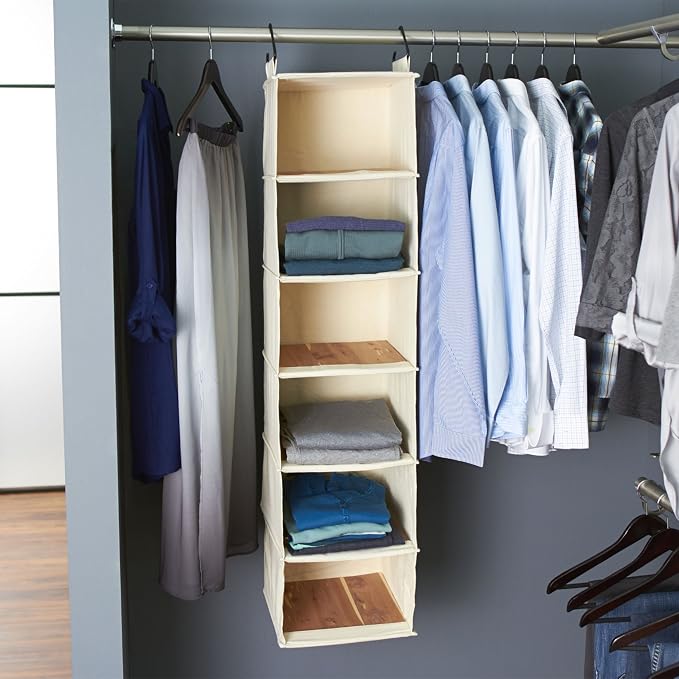 Household Essentials Cedarline 6‑Shelf Hanging Closet Organizer in Heavy‑Duty Cotton Canvas, Cream