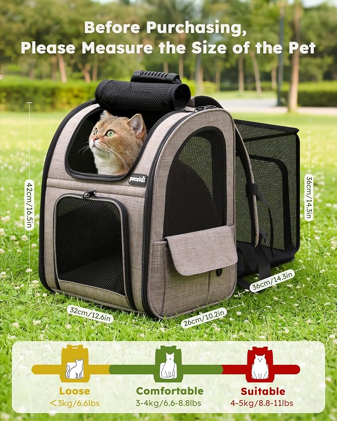 pecute Cat Backpack Expandable, Cat Backpack for Cat with Breathable Window | Durable Oxford Cloth, Lockable Zipper,Use for Pet Under 11 lbs to Travel