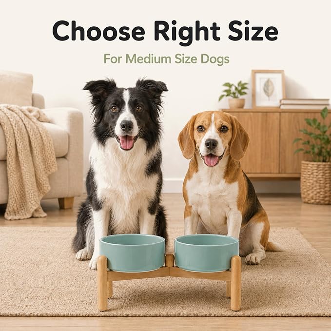 Havniva Ceramic Dog Bowls Elevated, Raised Dog Food Bowl for Medium Dogs | 7.3” Elevated Dog Bowls, Non-Slip Wood Stand, Dog Food and Water Bowl Set, Dog Feeding Dish, Large Capacity Pet Water Bowl