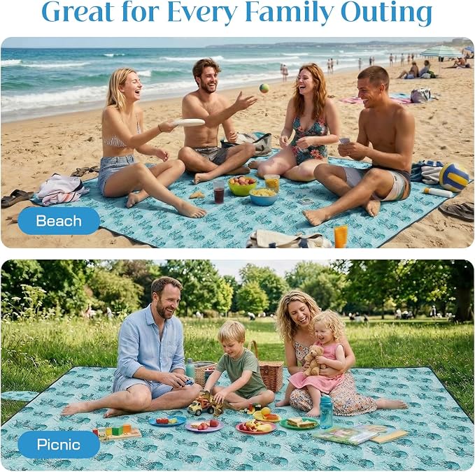 OIGAE Beach Blanket Waterproof Sandproof Oversized Beach Mat | Picnic Mat with Stakes, Storage Bag - Essentials for Outdoor Beach, Picnic,Quick-Dry Lightweight,Windproof Pockets