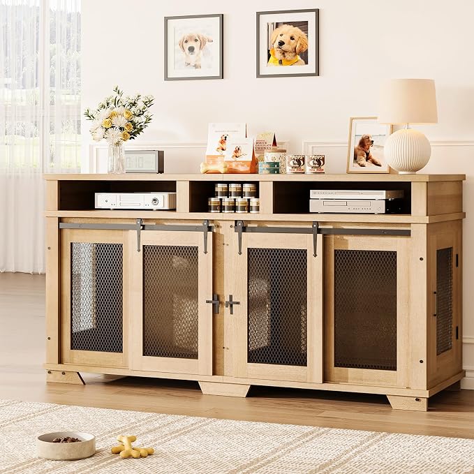 Garvee 71'' Dog Crate Furniture for 2 Dogs, Extra Large Double Dog Kennel Indoor with Removable Divider and Storage Drawers, Wooden Dog Crate TV Stand for Large Medium Dogs