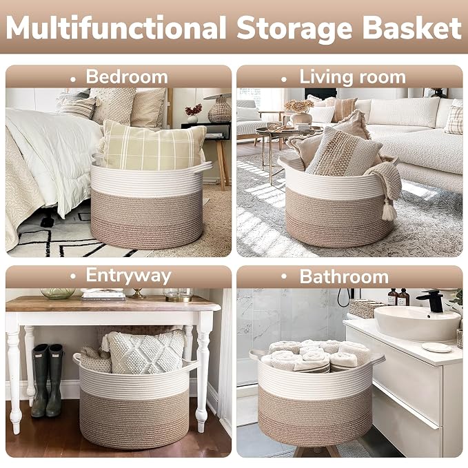 Goodpick Large Woven Basket for Blankets, Nursery & Living Room Decor, 85L | 19.7 x 19.7 x 12.6 In Storage Basket for Toys Shoes, Cute Baby Laundry Hamper for Towels, Clothes, Light & Brown