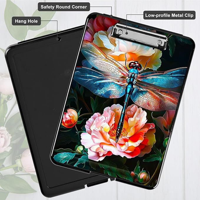 Peony Dragonfly A4 Clipboard with Storage Pen Holder, Clipboards Organizer Nursing Clipboard Foldable File Folder Plastic Clipboard Folio Clip Board for Office Students Classroom Doctor