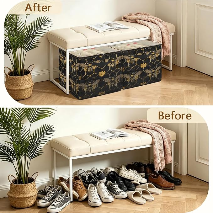 TropicalLife Vintage Bee Honeycomb Shoe Organizer for Closet | Golden Flower Foldable Shoe Storage Organizer Box Bin with Adjustable Dividers and Clear Cover, Fits up to 16-32 Pairs