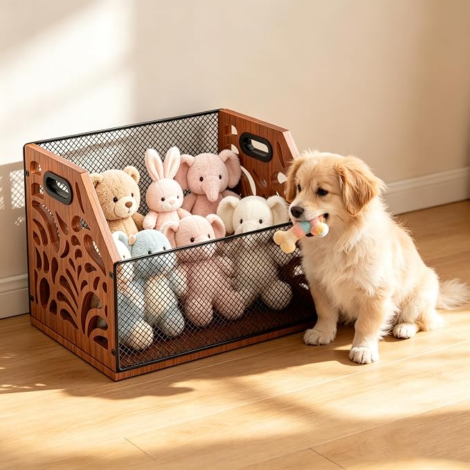 Wooden Mesh Dog Toy Storage Bin with Handles for Pet Supply & Toys | Large capacity holds plush toys, balls, leashes & treats. Clear scattered clutter effortlessly and keep your home tidy.