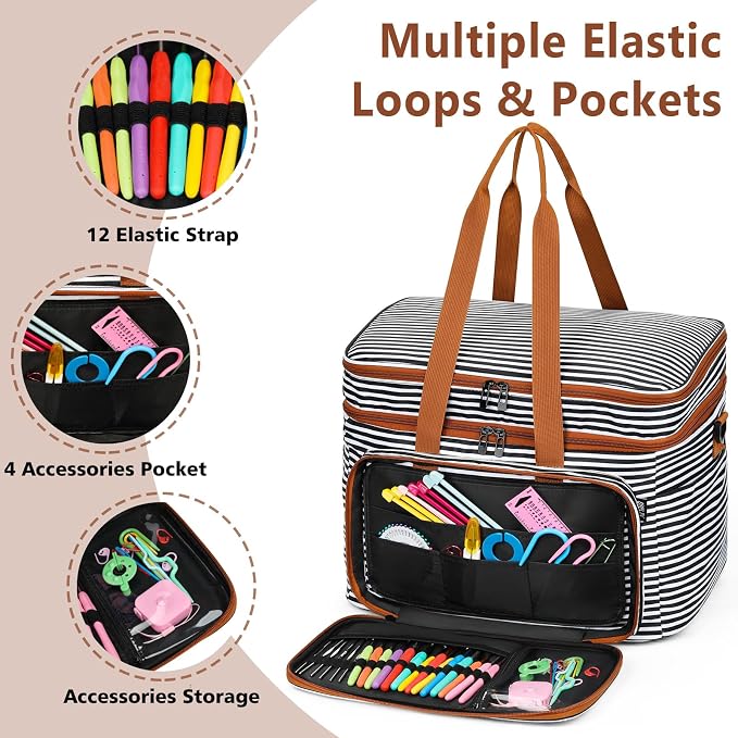 Crochet Organizer Bag with Yarn Holder, Large Yarn Storage for Accessories | 3PCS Crochet Knitting Bag with Accessory Pouch for Hooks, Needles, Travel Tote, Crochet Lovers, Gift for Crafters, No-Tangle