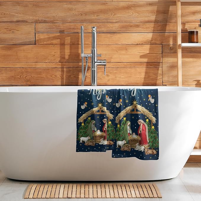 Giwawa Xmas Decorative Towel Set of 2, Blue Holy Night Soft Hand Towels, Winter Holiday Nativity Fast Dry Microfiber Face Towel Washcloth for Bathroom Guest Gym Spa Hotel
