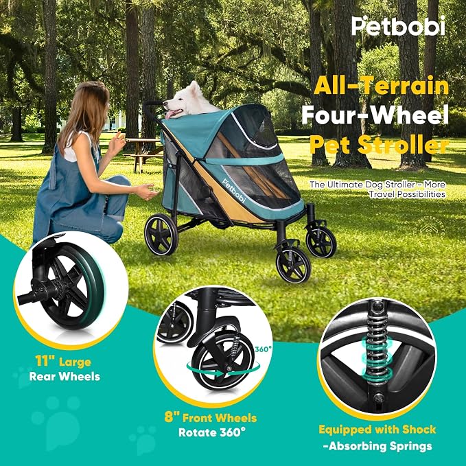 Petbobi Dog Stroller for Large & Medium Dogs - Easy Fold Dual Entry Pet Stroller with One-Foot Brake, All Terrain Wagon Cart with Air Mesh, Ideal for Large Senior Pets up to 80 lbs, Green | One-Hand Fold, One-Foot Brake, All Terrain 360 Swivel Front Wh...