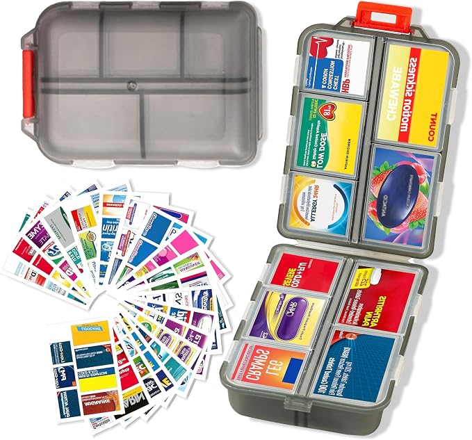 Extra Large Pill Organizer with 161 Medicine Labels, Travel Pill Case | Gray Extra large case with 10 compartments for 7-day pill planning, vitamins, supplements, and travel