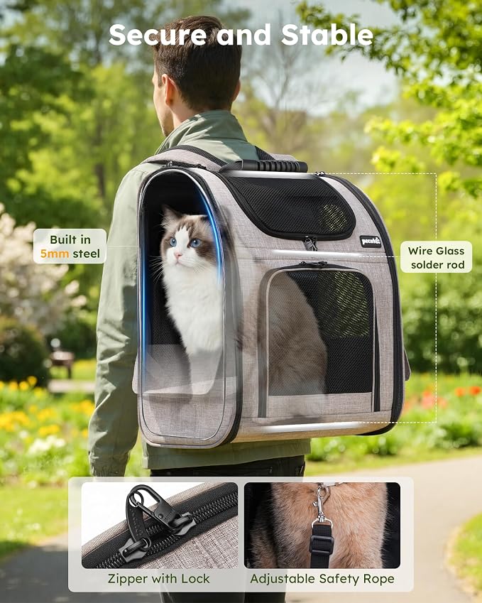 pecute Cat Backpack Expandable, Dog Carrier Backpack Breathable, Large | Durable Oxford Cloth, Lockable Zipper,Use for Pet Under 15 lbs to Travel