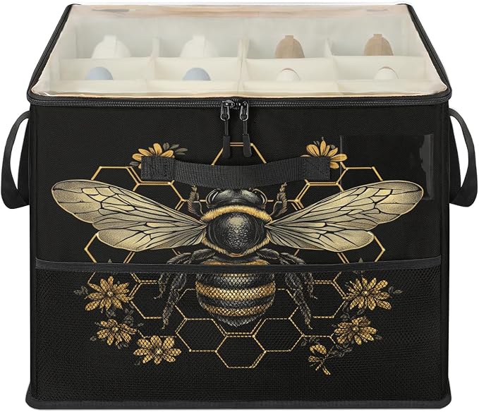 TropicalLife Bee Honeycomb Shoe Organizer for Closet | Vintage Golden Flower Foldable Shoe Storage Organizer Box Bin with Adjustable Dividers & Clear Cover, Fits up to 16-32 Pairs