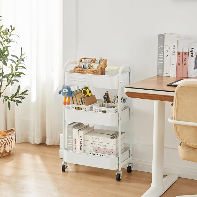 3-Tier Rolling Utility Cart with Caster Wheels,Easy Assembly, White | Easy Assembly, multi-purpose storage trolley for kitchen, rolling cart with smooth caster wheels for bathroom