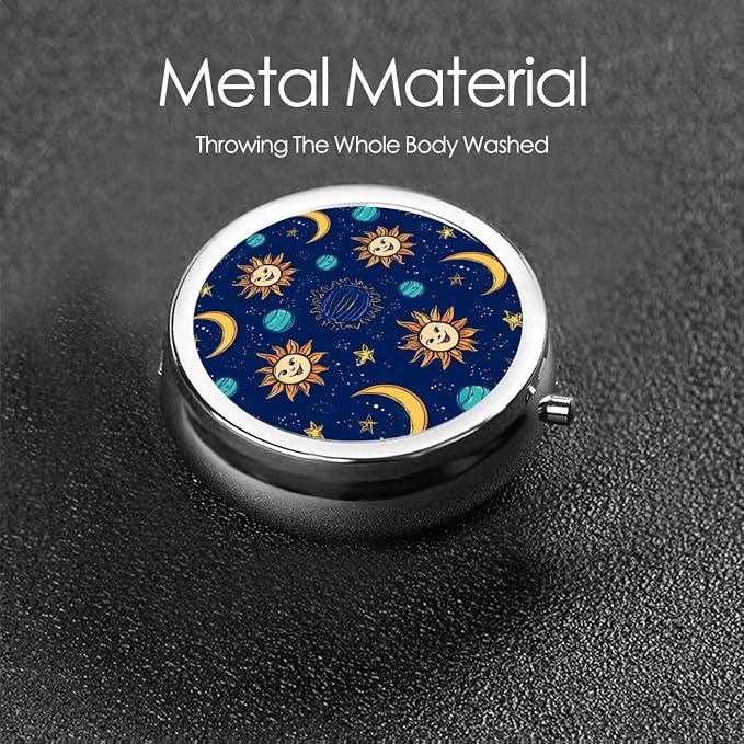 Mini Pill Organizer, Vintage Astrology Star Trippy Sun Moon Round Compact Dispenser, Portable Holder for Fish Oil, Travel Pill Box Purse Use for Students