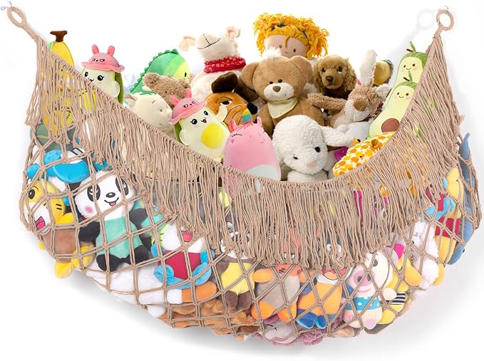 Stuffed Animal Hammock - Extra Large 63'' Long (Creamy Brown) | Premium Cotton Hand-knitted, Beautiful Long Tassel, Storage Hanging Organizer, Can Fit Stuffed Animals 40 Piece or More