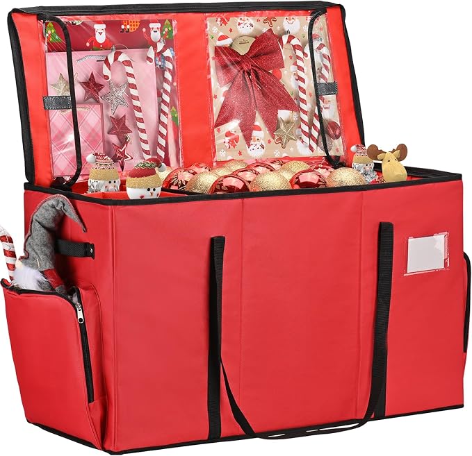 2-in-1 Christmas Ornament Storage Box & Xmas Figurine Container, Premium Christmas Ornament Storage Container - Holds Up to 64pcs-3” Ornaments, Adjustable Dividers, 4 Individual Trays -Red