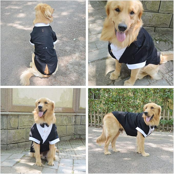 Lovelonglong Pet Costume Dog Suit Formal Tuxedo with Black Bow Tie for Large Dogs Alaska Golden Retriever Black L-XL+