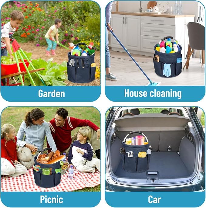 17L Cleaning Caddy, Portable Cleaning Supply Bucket, 6 Pockets Foldable Cleaning Supplies Organizer with Handle, Cleaning Caddy Bag for Cleaning Products (Navy Blue)