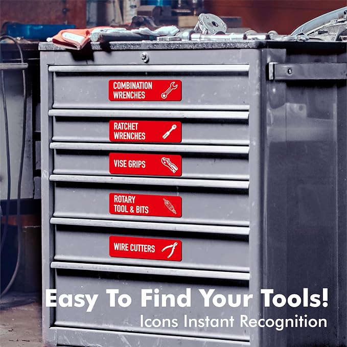 90 PCS Magnetic Toolbox Labels, 82 Pre-Printed & 8 Blanks Large Size Tool Chest Organizer Labels Strong Magnetic & Easy to Read Printing Fits All Brands of Steel Tool Box Drawers (Red, 3.5” x 1”)