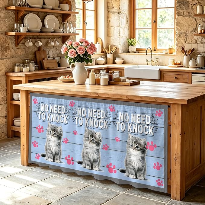 NO Need to Knock Sink Skirt for Bathroom, Self-Adhesive Under Sink Curtain, Cat Pet Paw Prints Pet Lover Farmhouse Hide Pipes & Storage Fabric Cabinet Skirt Cover for Kitchen Laundry 32"x55"