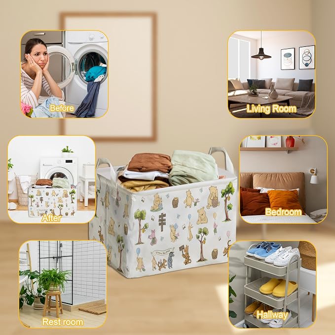Winnie Storage Nursery Basket,Large squarecanvas Laundry Hamper WithWinnie baby Stuff A Waterproof PECoating, Foldable, Bathroom and Bedroom SetClothes ,Toys Bin, Baby Nursery HamperDecor