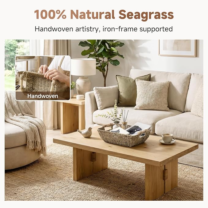 StorageWorks Hand-Woven Jumbo Storage Baskets with Wooden Handles, Seagrass Wicker Baskets for Organizing, 2-Pack | Wicker Storage Baskets for Shelves, Baskets with Wooden Handles, 2-Pack Gifts Basket for Home Decor, Hand-Woven Basket