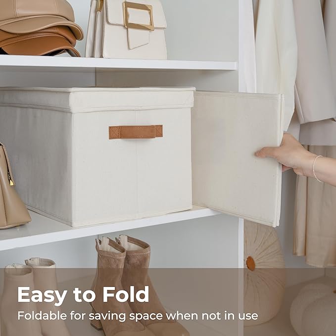 StorageWorks Fabric Storage Bins with Lids, Closet Storage Bins | Lidded Dust-proof, Easy Pull Handles, Foldable, Stackable, Ideal for Clothes Blanket Towel, Jumbo, Ivory, 3-Pack