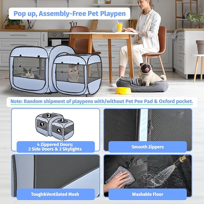 2-in-1 Portable Cat Playpen(Front Doors), Pop up Kitten Playpen, Assembly-Free, Pet Tent Crates Kennel Cage Enclosure for Dog Puppy Indoor Outdoor(No Divider, Unified Space)