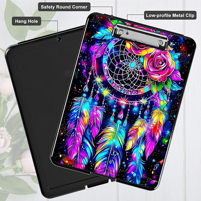 Artistic Dreamcatcher A4 Clipboard with Storage Pen Holder, Clipboards Organizer Nursing Clipboard Foldable File Folder Plastic Clipboard Folio Clip Board for Office Students Classroom