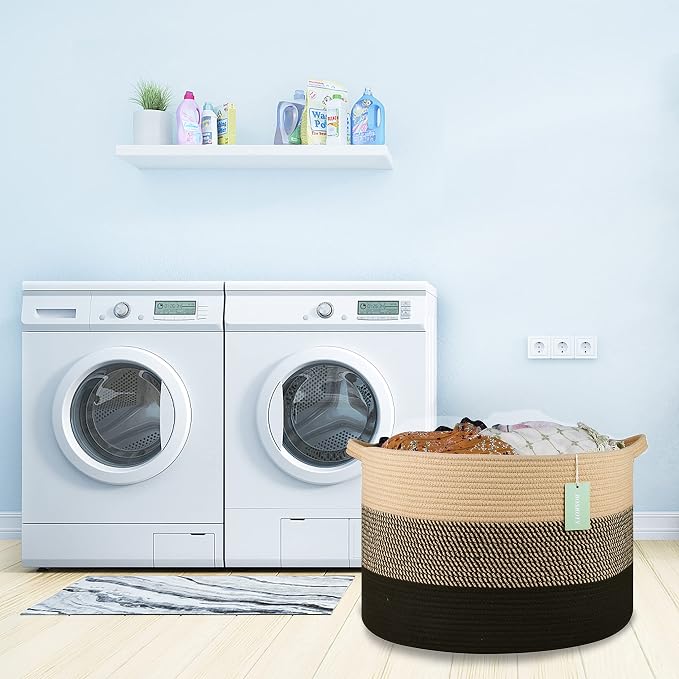 Large Cotton Rope Blanket Basket, 87L Laundry Hamper, Brown & Black