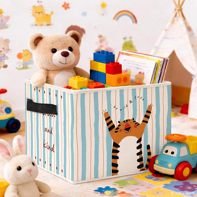 Tiger Storage Bin, Brave and Kind Blue Stripe Foldable Fabric Basket | Foldable tiger fabric organizer with Brave and Kind design for nursery, bedroom, playroom, toys, books, clothes