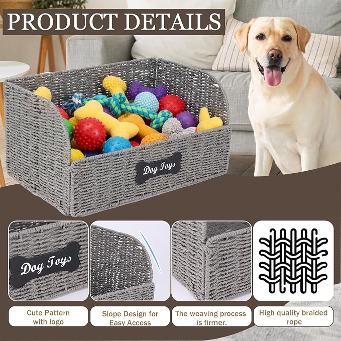 Dog Toy Basket Large Foldable Portable Rattan Dog Toy Storage Organizer for Living Room Bedroom Entryway Floor Corner Pet Toys Basket with Label, Dogs Toys Bin for Cats, Dogs and Pets-Grey