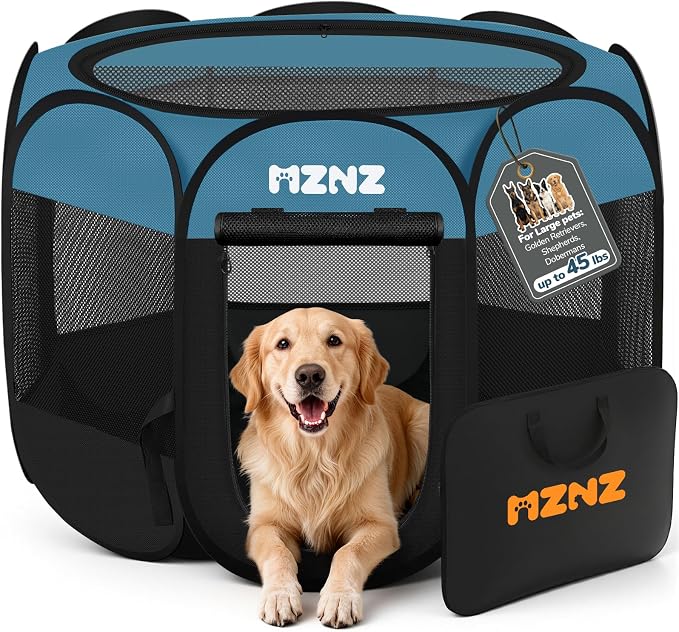Dog Cat Small Animal Puppy Playpen Crate, Large, Blue Black | Portable Pop Up Pet Cage Enclosure Tent Kennel Indoor Outdoor with Carrying Case, No Assembly, Camping Use