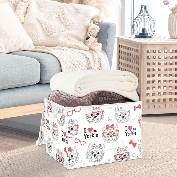 Dog Bow Fabric Storage Bins with Lid Foldable Storage Boxes 40L Baskets | Decorative Storage Boxes, Dust-Proof Flip Top, Reinforced Handles, For Home & Bedroom, Clothes & Toy Box, Oxford Fabric Print