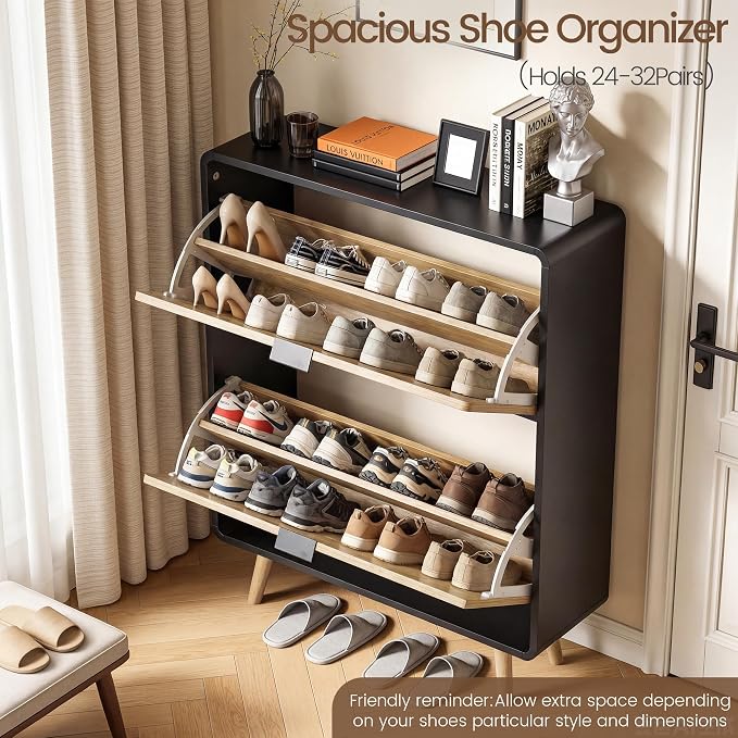 FurSch Fluted Shoe Storage Cabinet with 2 Flip Drawers, Narrow Shoe Rack Cabinet Organizer with Adjustable & Removable Shelves for Entryway (Natural and Black, 2 Drawers)