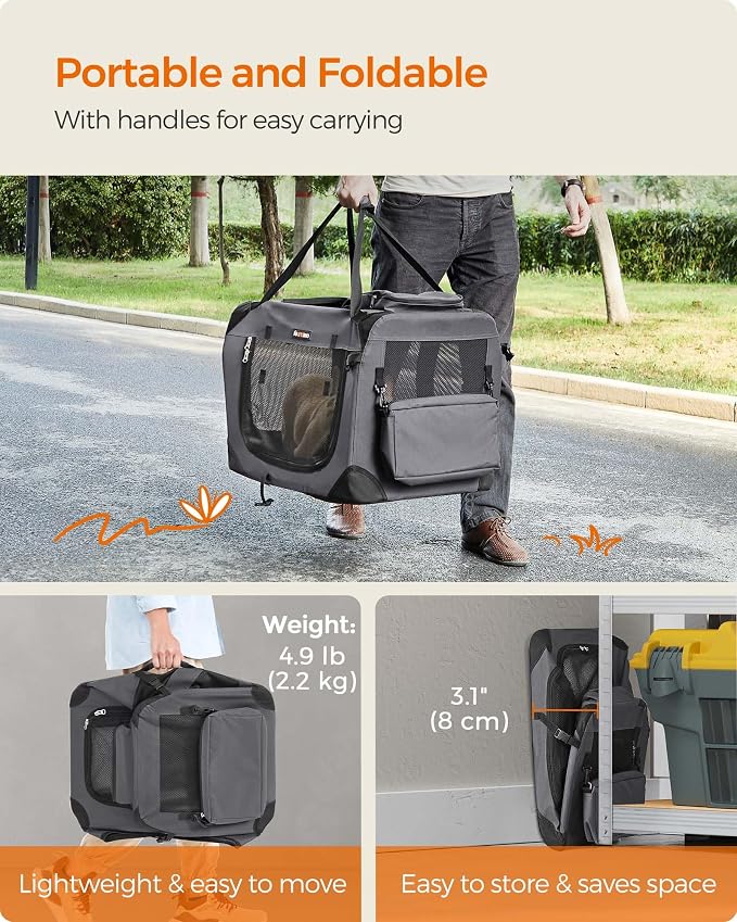 Feandrea Collapsible Soft Dog Crate, Portable Travel, 24 Inches | Dog Carrier Kennel with Safety Zippers for Living Room, Car, Travelling, Gray UPDC60GY