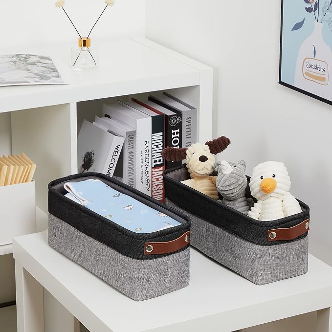 DULLEMELO Small Bathroom Baskets for Toilet Fabric Storage Baskets 2 Pack - 15"x6"x5.5" Foldable Fabric Organizer for Storage Decorative Storage Bins for Home,Closet(Black&Grey)