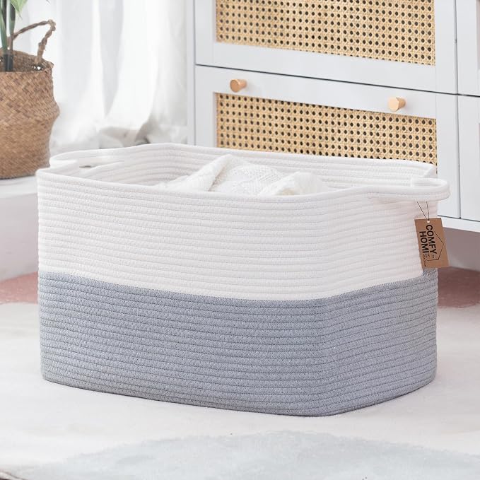 COMFY-HOMI Large Rectangular Blanket, Cotton Rope Woven for Storage, LaundryHamper, Storage,Toy Organizing Bin with Handle, Organizer and Storage-22x15x12-