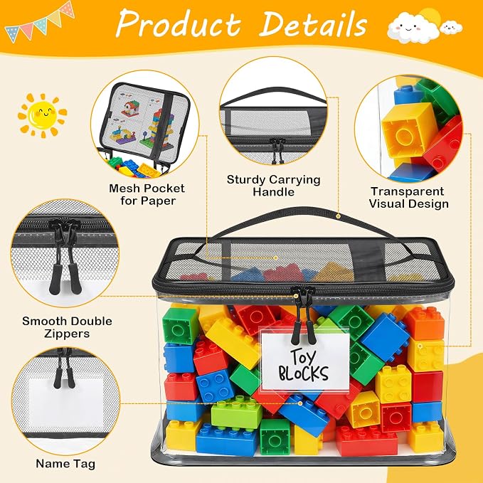 6 Pack Large Toy Storage Bags, Clear Toy Organizer with Labels Ages 3+ | Waterproof PVC Toy Organization and Storage, Suitable for Storing Building Blocks, Puzzles, Dolls and Board Games