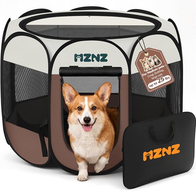 Dog Cat Small Animal Puppy Playpen Crate, Medium, Brown | Portable Pop Up Pet Cage Enclosure Tent Kennel Indoor Outdoor with Carrying Case, No Assembly, Camping Use