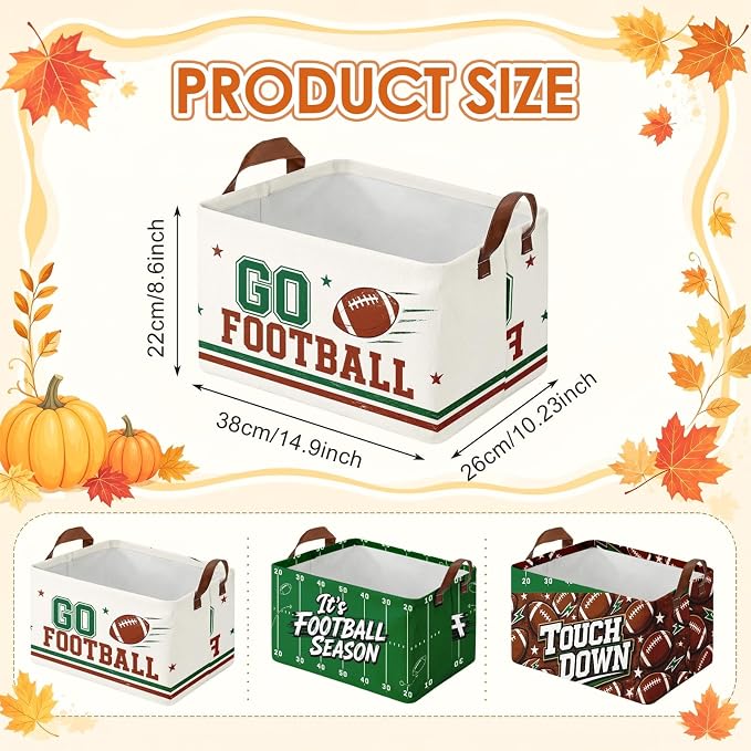 Britimes Football Storage Baskets for Gift, Toy Storage Bins Box,3Pcs Fall | Game Day Canvas Collapsible Baskets Organizer with Handles Football Nursery Decor Laundry Basket for Shelves Closet