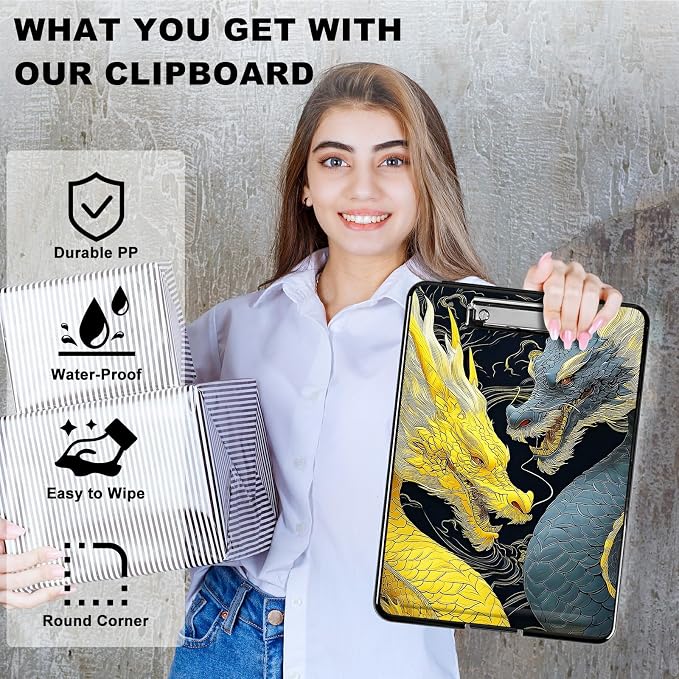 Heavy Duty Storage Clipboard, Slim Nursing Clipboard with Internal Pen Case, Portable File Organizer Case for A4 Letter Size Paper Office Medical Professionals, Gray-Yellow Dragon