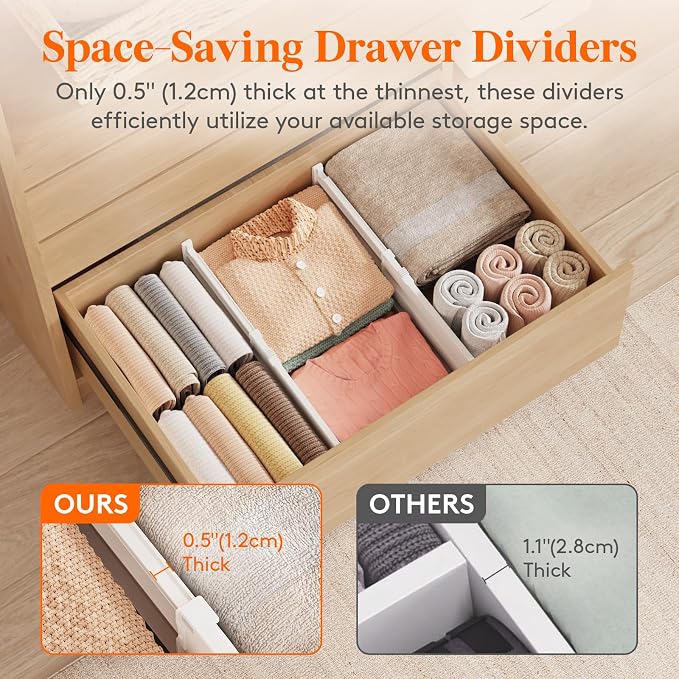 Lifewit 8" Tall Drawer Dividers, Adjustable Deep Drawer Organizer Clothes | 4 Pack 13.8"-22.2" Expandable White Plastic Separators for Dresser, Kitchen, Cabinet, Closet, Office Organization & Storage