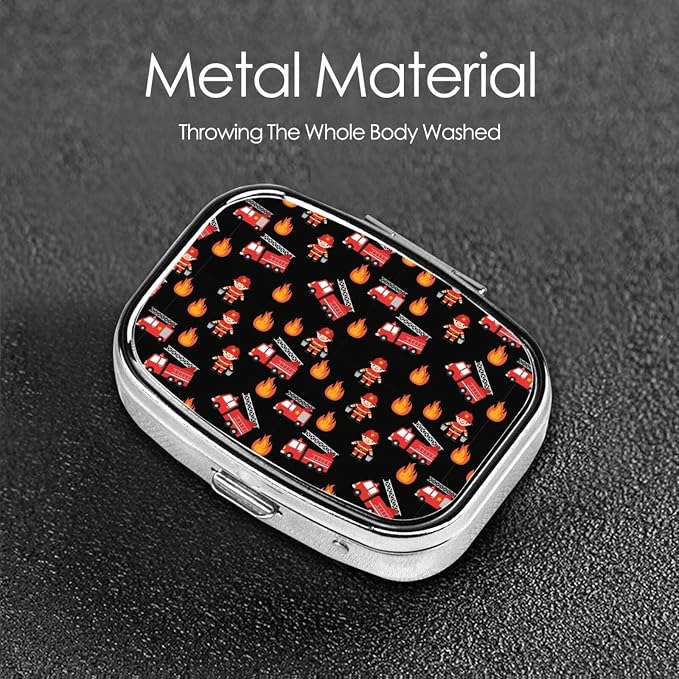 Square Pill Case 2-Compartment Medicine Organizer Portable Tablet Holder Travel Gym Office Use, Cute Cartoon Firefighter Red Fire Truck