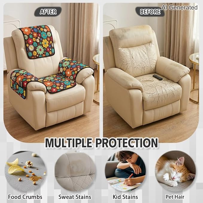 Colorful Daisy Recliner Chair Slipcover Waterproof 4 Piece | Retro Recliner Chair Covers Quilted Non Slip Washable Furniture Protector for Armchairs Wingback Lazy Boy Reclining Chairs