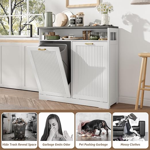 Pet-Proof Double 13 Gallon Tilt Out Trash Can Cabinet with Open Storage – Hide Garbage & Recycling Bins to Keep Your Kitchen Clean and Organized,White