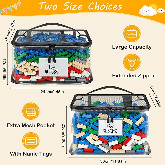 6 Mixed Pack Large Toy Storage Bags, Clear Toy Organizer with Labels | Waterproof PVC Toy Organization and Storage, Suitable for Storing Building Blocks, Puzzles, Dolls and Board Games