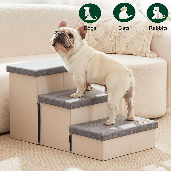 Love's cabin Dog Stairs for High Bed, Foldable Pet Stairs for Small Medium or Large Dogs Puppy with Storage for Bed or Couch, Cat Dog Steps Ramp with Zip up to 200 lbs, Light Grey, 3 Steps